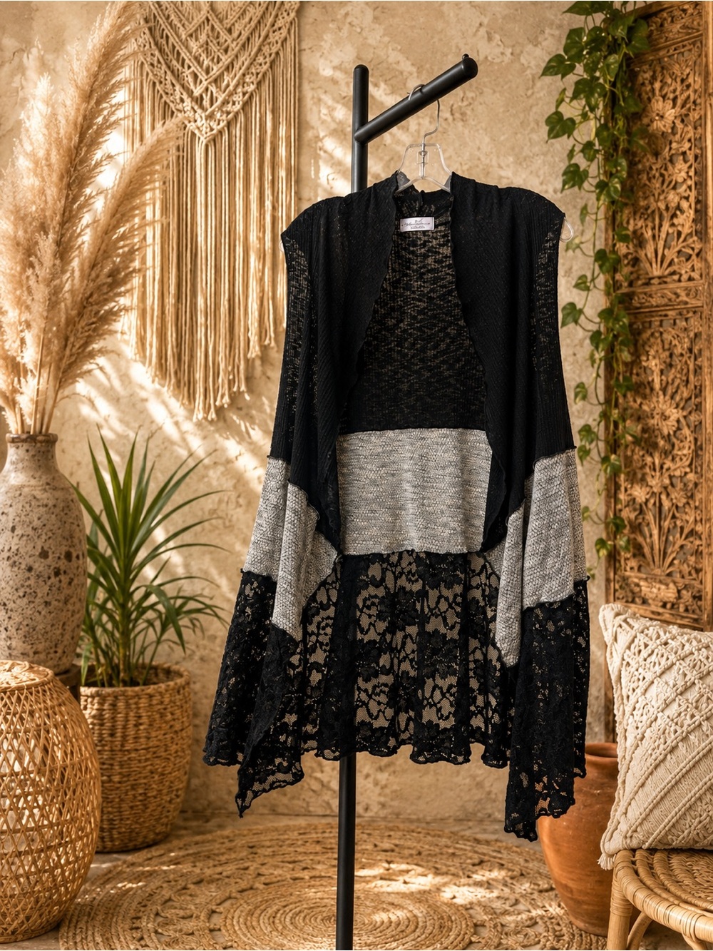 Vine Street Black & Silver Lace Panel Open Cardigan Medium